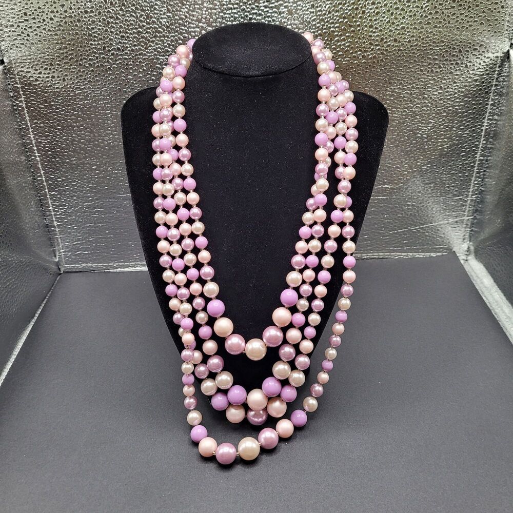 Multi-Strand, Beaded, Shades of Pink, Purple, Silver "Japan" Marked Necklace